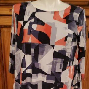 ALFANI 1X Women's Navy Orange White  3/4 Sleeve Asymmetrical Tunic Top
